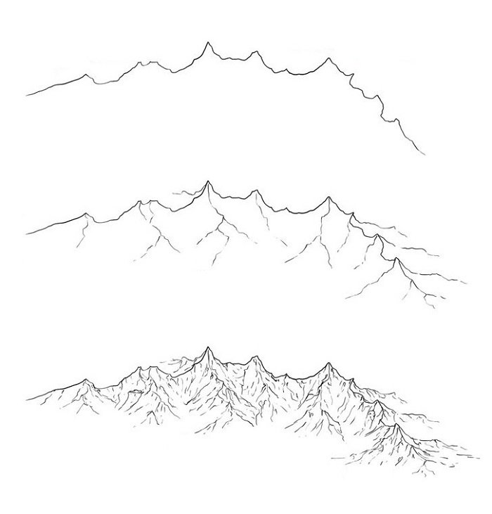 Як намалювати гори схема №3, олівець